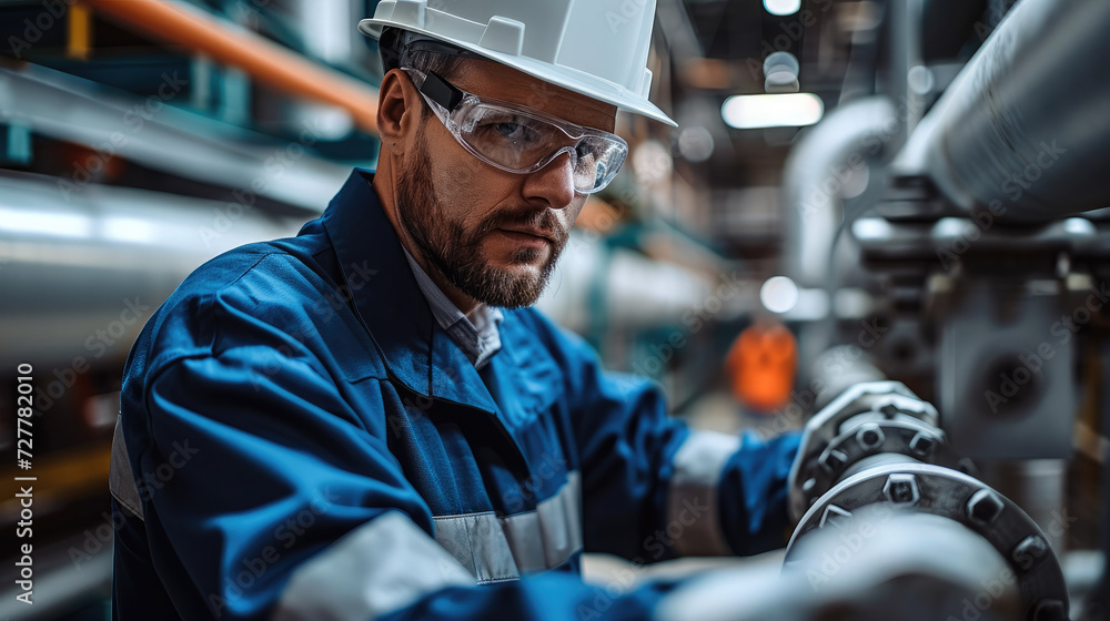 Poster A pipe engineer is inspecting the quality of pipes in an industrial factory. Generative AI.
