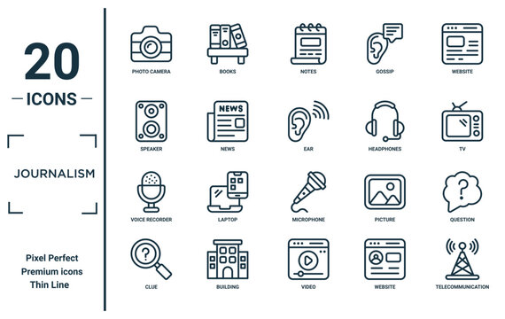 journalism linear icon set. includes thin line photo camera, speaker, voice recorder, clue, telecommunication, ear, question icons for report, presentation, diagram, web design