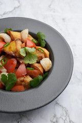 Fried eggplant salad with scallop and fresh vegetables