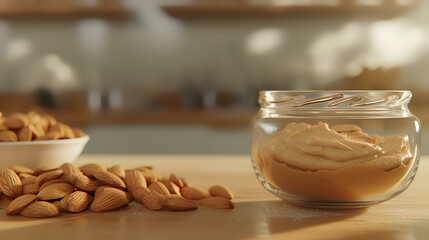 Glass jar with tasty peanut butter on table in kitchen, closeup