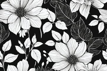 Seamless floral background. Floral pattern. Black and white seamless floral pattern. Black paint vector illustration with abstract floral art. Textiles, paper, wallpaper decoration. Vintage background