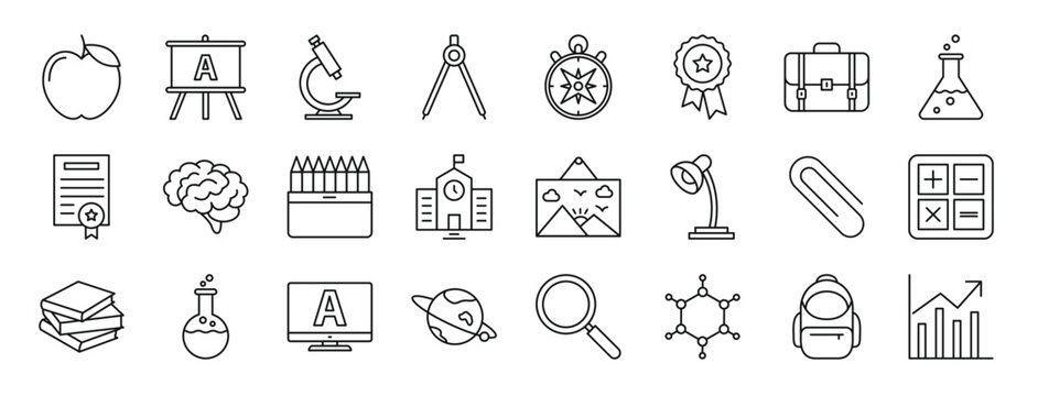 set of 24 outline web education icons such as , white board, microscope, compass, compass, quality service, briefcase vector icons for report, presentation, diagram, web design, mobile app