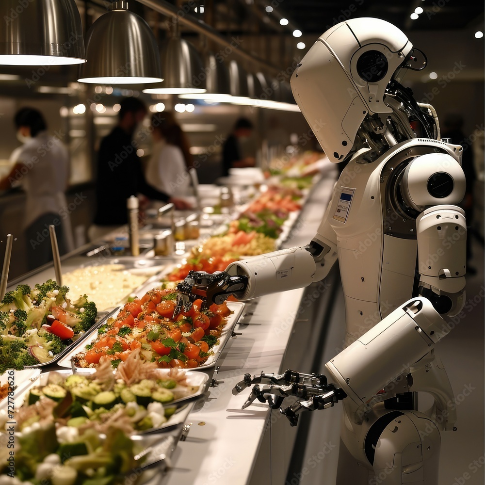 Fototapete A state-of-the-art robotic chef stands behind the vegetarian buffet, its multiple mechanical arms orchestrating a symphony of culinary. Generative AI.