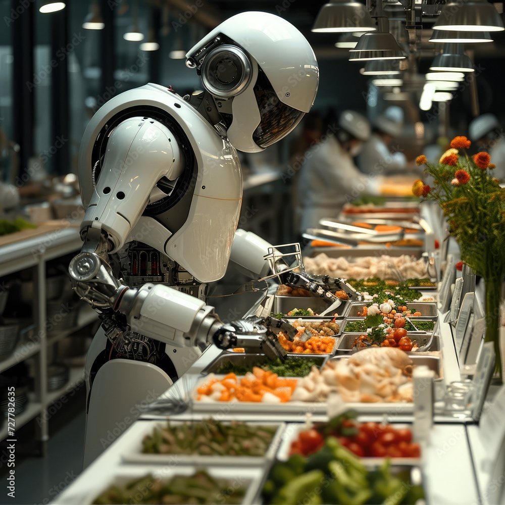 Fototapete A state-of-the-art robotic chef stands behind the vegetarian buffet, its multiple mechanical arms orchestrating a symphony of culinary. Generative AI.