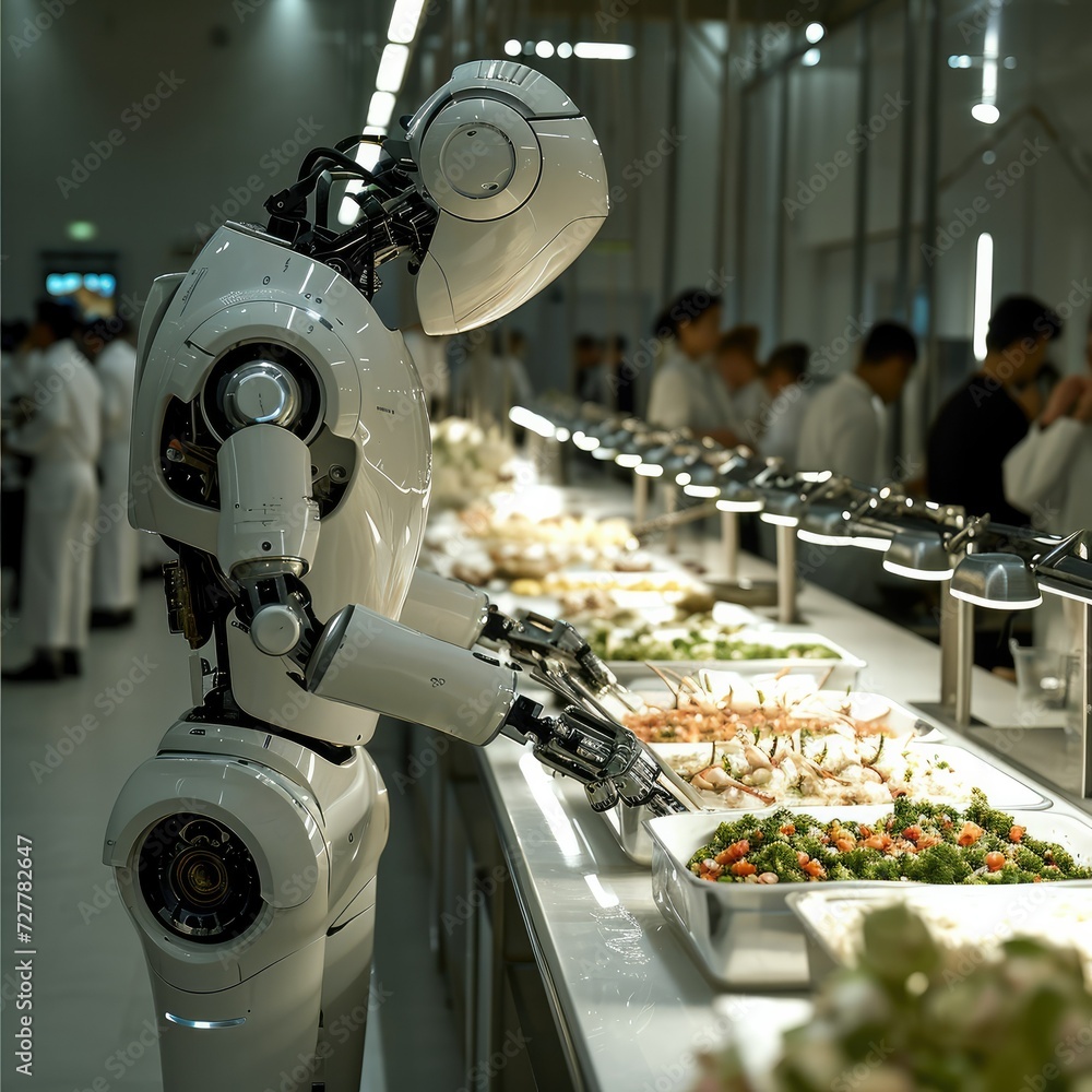 Aufkleber A state-of-the-art robotic chef stands behind the vegetarian buffet, its multiple mechanical arms orchestrating a symphony of culinary. Generative AI.