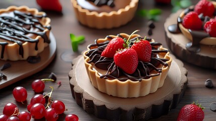 Chocolate tartlets with strawberries and currants on a wooden table