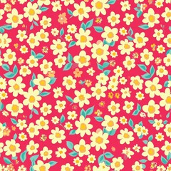 Blooming Daisies on Vibrant Red Pattern