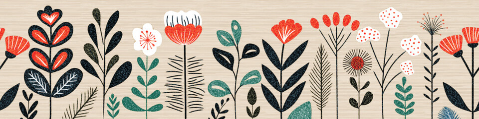 Hand drawn grass and flowers, spring meadow, seamless border, vector illustration	 - obrazy, fototapety, plakaty
