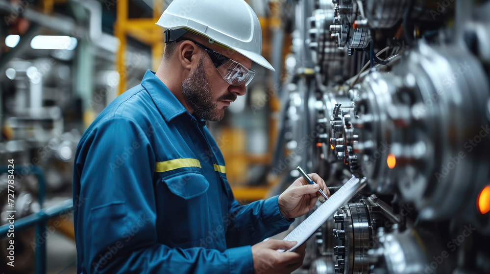 Poster Engineer inspecting and maintaining machinery in an industrial maintenance workshop. Generative AI.