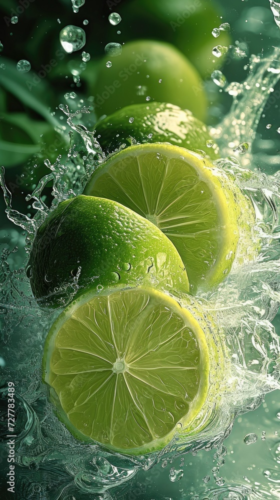 Poster a few photos of green lemon and water with a light green and transparent texture style. generative a