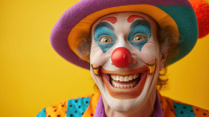 Close-up of a cheerful clown with vibrant face paint and hat against a yellow background.