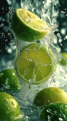 A few photos of green lemon and water with a light green and transparent texture style. Generative AI.