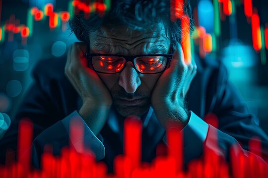 sadness investor emotional stress, on chart digital background, subprime economic crisis. disheartened by the financial crisis, the plunge in stock prices, and the failure to invest. generative AI
