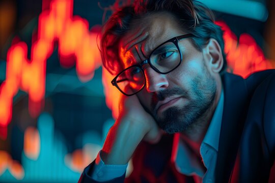 sadness investor emotional stress, on chart digital background, subprime economic crisis. disheartened by the financial crisis, the plunge in stock prices, and the failure to invest. generative AI