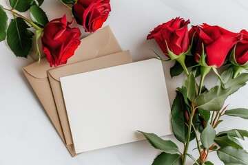 Love letter mockup. Red roses and a blank white sheet with envelope, top view, flatlay