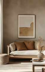 design for cozy modern living room, soft colors. Nice modern french design for a room, catalogue. Beige, brown and grey. Furniture store. Abstract painting on the wall.