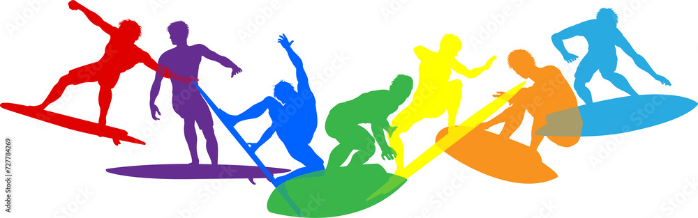 Poster surfers surfing on surf boards silhouettes concept