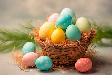Fototapeta na wymiar painted multi-colored Easter eggs in a basket on a light background