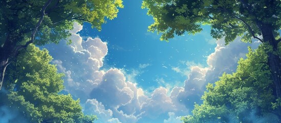 Naklejka na ściany i meble A Serene Sky Background with Vibrant Blue, Whimsical Clouds, and Lush Green Trees Set Against a Leaf-Filled Canopy