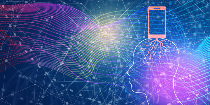 Digital detox concept illustration. Addiction of devices. Smartphone rooted in human head