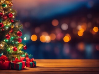Naklejka na ściany i meble Colorful Christmas Tree With Baubles And Blurred Shiny Lights Bokeh