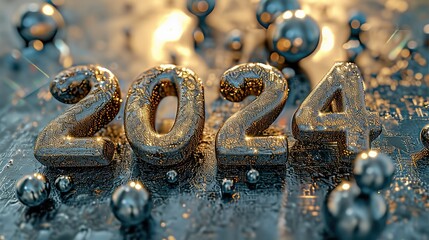 Word "2024" in style of bubble gold lettering against silver background, realistic and hyper-detailed renderings. Generative AI.