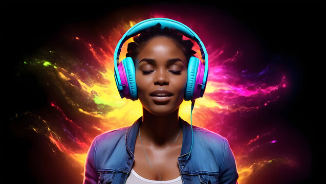 African woman wearing headphones, enjoying music beats, feeling emotions in vibrant color pulse, colorful dynamic sound vibes and abstract digital light effects 
