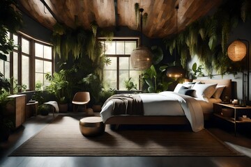 A nature-inspired bedroom featuring botanical decor, earthy tones, and organic textures, bringing...