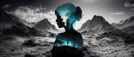 Wallpaper ultrawide 21:9, Masterpiece double exposure of a girl silhouette with monochrome apocalypse aftermath