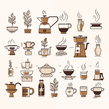 Coffee Cup Icon Set with Vector Illustrations of Hot Espresso, Cappuccino, and More for Cafe, Restaurant, and Kitchen Designs