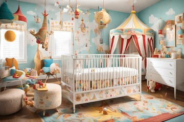 A whimsical carnival-themed baby bedroom with carousel motifs, playful patterns, and vibrant,...