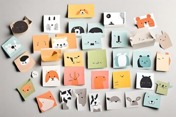 A set of colorful, minimalistic sticky notes with simple illustrations of animals