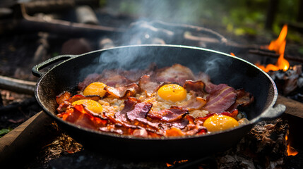 Camping breakfast with bacon and eggs in a cast iron.