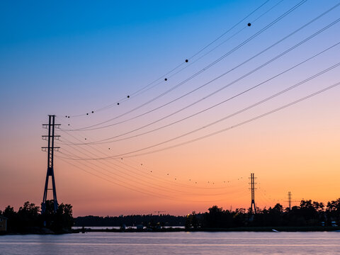 Power lines at sunset captured in Helsinki Finland