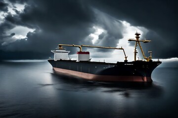 A silhouette of an oil tanker against a stormy sky, highlighting the challenges faced by the shipping industry in transporting oil across the seas.