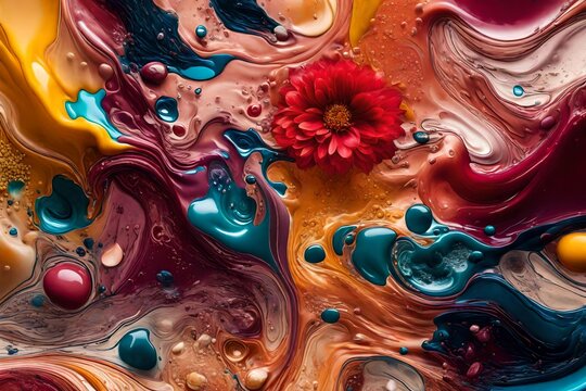 An aesthetically pleasing HD image portraying the graceful interplay of colorful liquids against a contemporary background, accented with subtle and tasteful flower patterns