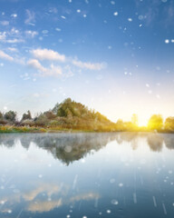 snowfall over the coast of the autumn river