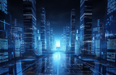 A modern city with a wireless network connection and an urban landscape concept. The concept of a wireless network and connectivity technology against the background of a night city