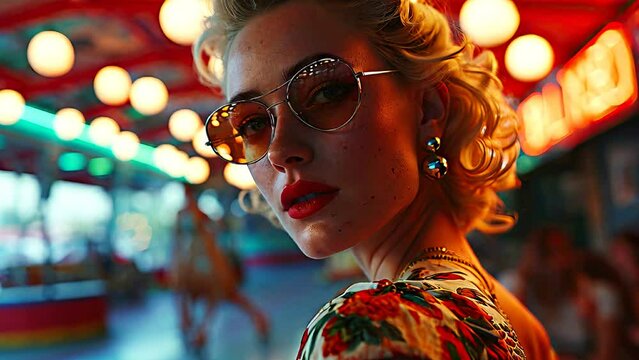 Retro Roller Fun: A Blonde Woman from the 1950s Roller Skating in a Colorful and Artistic Outfit at a Roller Rink