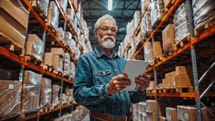 A Confident Senior Man Standing with a Tablet PC in a Warehouse, Embracing Technology in a Professional Setting