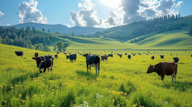 A view of cows roaming freely on a ranch in a green meadow. Generative AI.