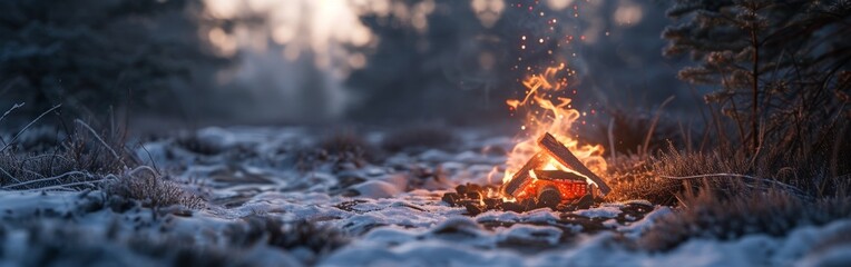 Campfire Burning Bright in Snowy Forest