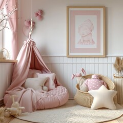 One vertical frame in little girl bedroom, Soft pink items. Generative AI.