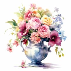 Obraz premium Watercolor vase of flower, isolate on white background.