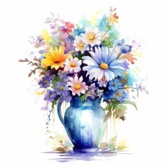 Watercolor vase of flower, isolate on white background.