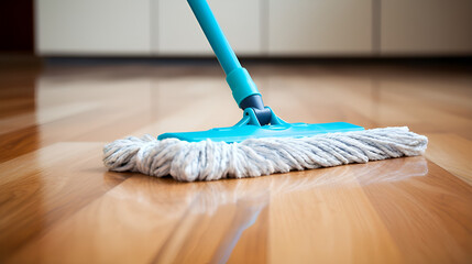 Cleaning of parquet floor with mop indoors.