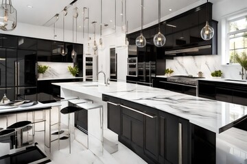 A sleek and sophisticated black and white kitchen with high-gloss cabinets, marble countertops, and minimalist design. Timeless elegance meets modern aesthetics