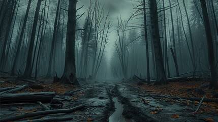 Dark desolate forest with dead trees, Broken braces, Scary. Generative AI. - obrazy, fototapety, plakaty
