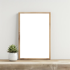 Fototapeta na wymiar Minimalistic frame home decor with copy space for text. blank frame with succulent on the desk. white frame or transparent frame. frame mockup on the table