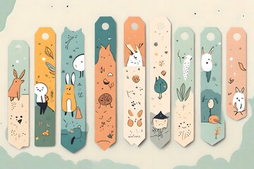 A set of playful, minimalistic bookmarks in various shapes and colors, featuring cute illustrations